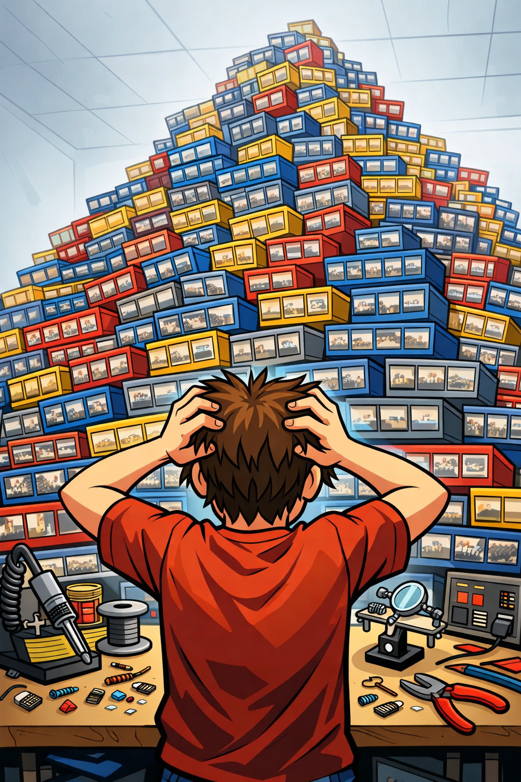 Overwhelmed engineer searching through component bins